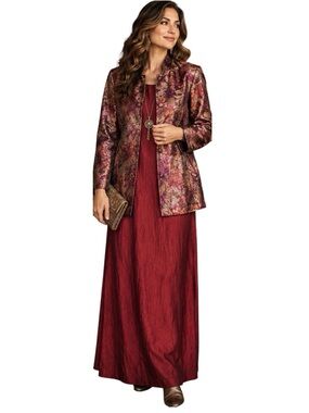 Coldwater Creek 2 Piece Dress Jacket Set Metallic Floral Brocade Size Large